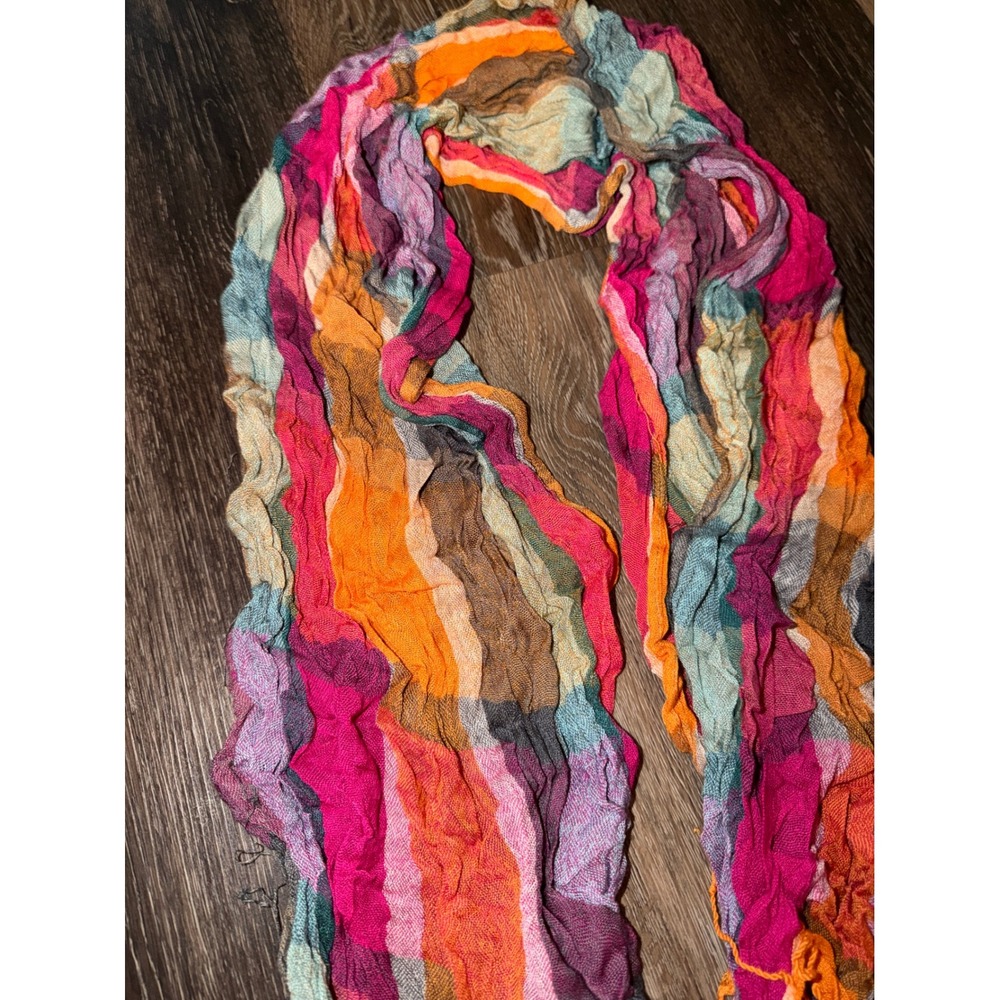 Multi Color Plaid Crinkle Scarf Bohemian Fringe Trim Fuchsia Orange Teal